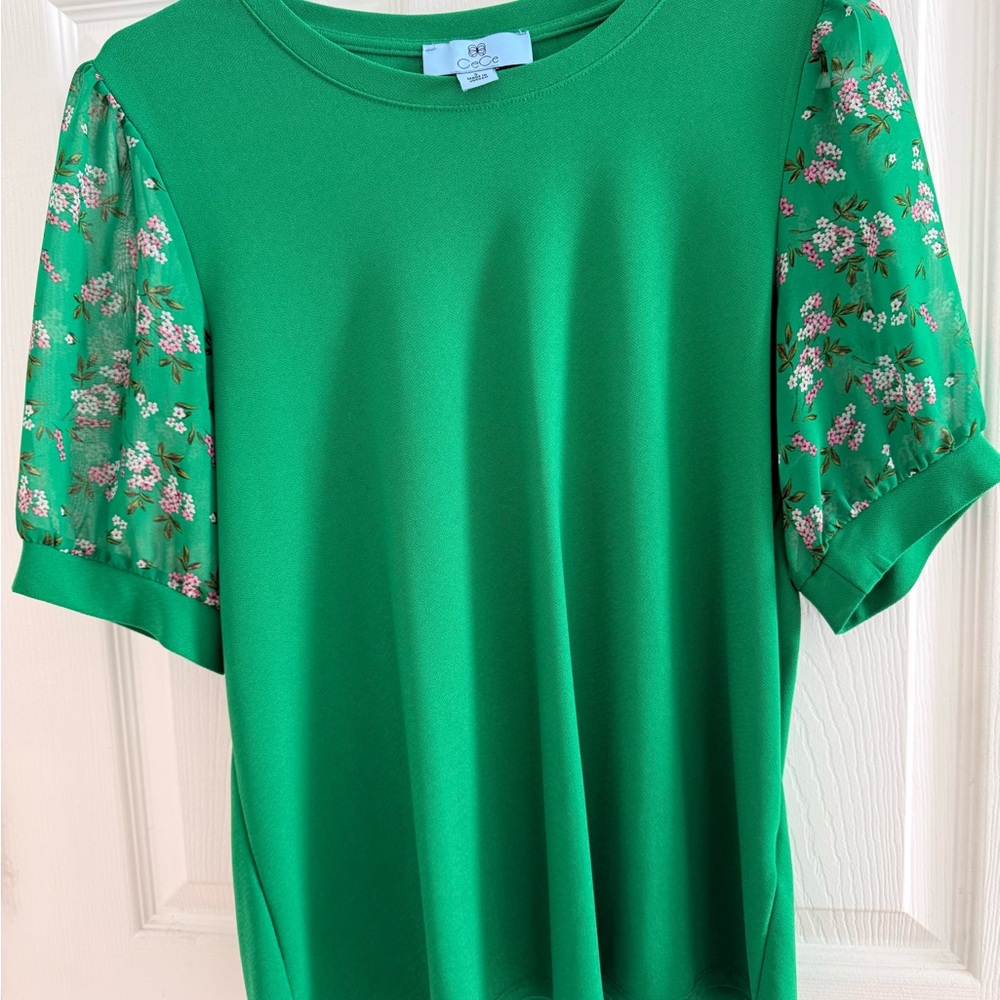 CeCe Vibrant Green Top with Floral Sleeves